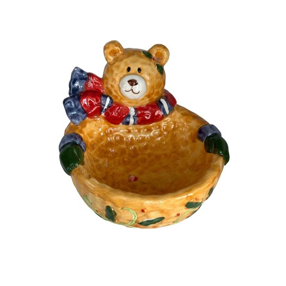 Decorative Bear-Themed Ceramic Bowl With Scarf & Mittens Nut & Candy Dish - Picture 1 of 11